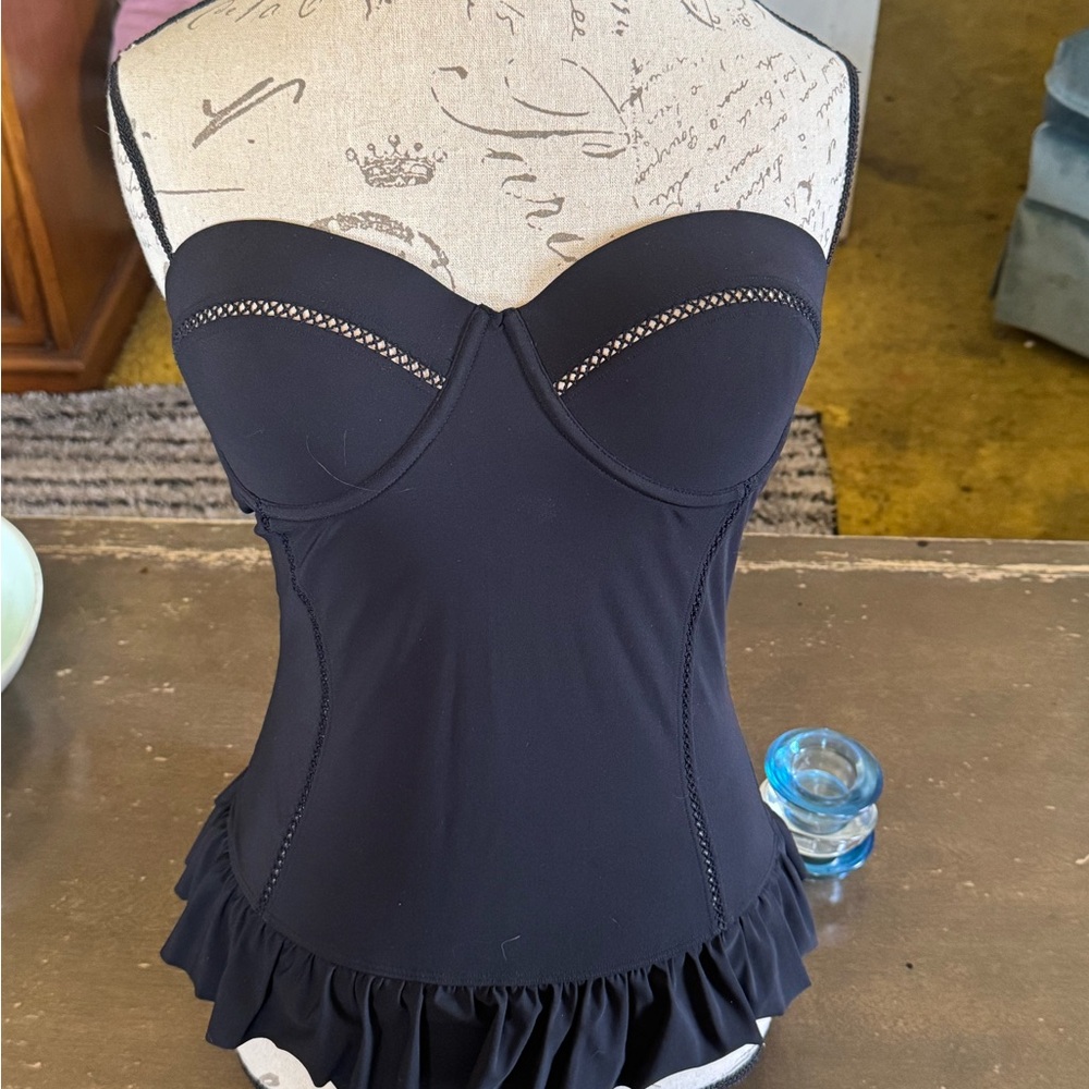 Tory Burch Black One Piece Swimsuit with Ruffle Trim